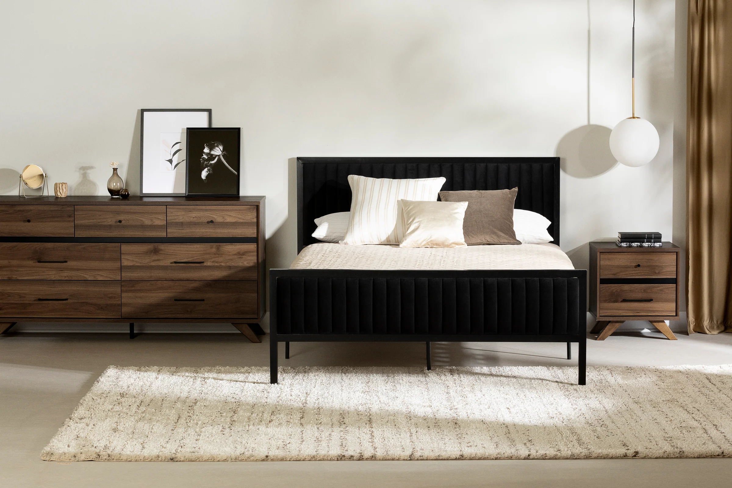 Table de chevet 2 tiroirs Flam - Noyer naturel et Noir mat – Image 3