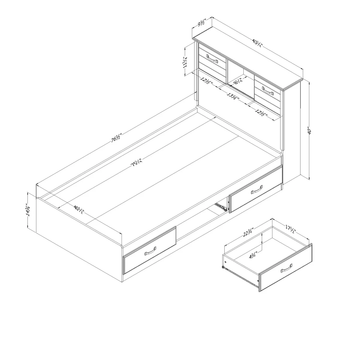 Ensemble lit matelot et tête de lit bibliothèque simple 39" Ulysses - Myrtille – Image 5